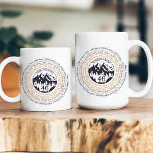 May include: Two white ceramic mugs with a circular design featuring the text "Adirondacks 46" and a mountain range graphic. The design is surrounded by a circle of text listing the names of 46 mountains in the Adirondack region.