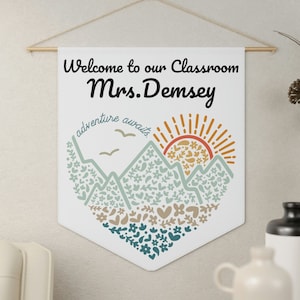 Personalized Teacher Door Sign | Custom Name Adventure Awaits Classroom Pennant Hanger | Welcome to our Class Boho Banner Gift | Thank you