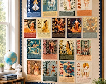 Puede incluir: Un gran tablón de anuncios rectangular titulado GREEK MYTHOLOGY que presenta quince carteles individuales de deidades griegas, incluyendo a Afrodita, Nike, Hestia, Hermes, Zeus, Hera, Hefesto, Hades, Eros, Poseidón, Dioniso, Deméter, Atenea, Perséfone, Artemisa, Ares y Apolo.
