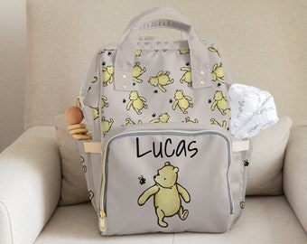 Winnie the Pooh Diaper Bag | Personalized Classic Pooh Multifunctional | Baby Shower Gift | Baby Bee Backpack Diaper Bag | Bags Baby Boy