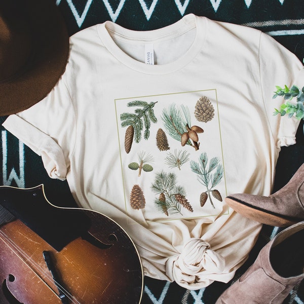 Vintage Pine Tree Illustrations Shirt | Evergreen Chart Nature Tshirt | Botanist Sketch Graphic T-Shirt | Boho Botanical Winter Floral Tee
