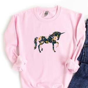 Unicorn Sweatshirt | Trendy Floral Magical Unicorn Silhouette Shirt | Unicorns Fairy Tale Lover Tee | Flowers Animal Womens Graphic Clothing