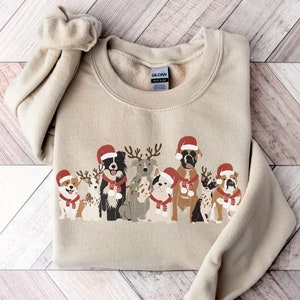 Christmas Dogs Sweatshirt | Cute Holiday Puppies Shirt | Santa Dog XMas Lights Crewneck Gift | Womens Pullover Graphic Dog Lover