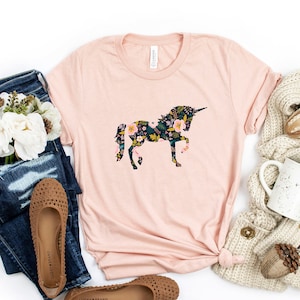 Unicorn Shirt | Trendy Floral Magical Unicorn Silhouette Tshirt | Unicorns Fairy Tale Lover Tee | Flowers Animal Womens Graphic Tee