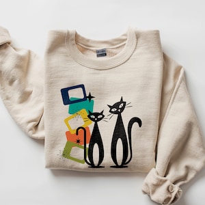 Mid Century Modern Cat Sweatshirt | Atomic Era Mod Kitties Shirt | Mid-Century Mod Cats 1950s Retro Sweater | Cute Kitty Gift Graphic