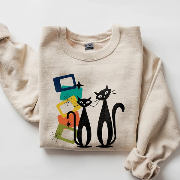 Mid Century Modern Cat Sweatshirt | Atomic Era Mod Kitties Shirt | Mid-Century Mod Cats 1950s Retro Sweater | Cute Kitty Gift Graphic