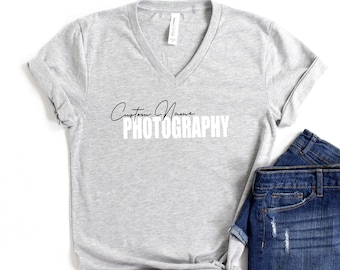 Custom Photography Name VNeck Shirt | Personalized Photographer Logo V-Neck TShirt | Newborn, Wedding, Portrait, Family Studio Customized
