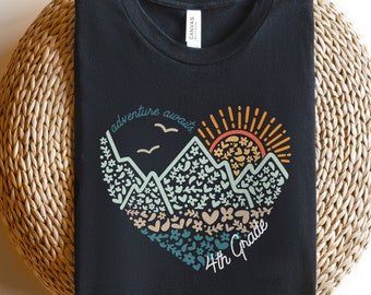 4th Grade Teacher Shirt | Adventure Awaits Fourth Grade Team Teachers Tshirt | Elementary Back to School Teach Tee | Mountains Sun Heart