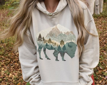 Buffalo Mountains Hoodie | National Park Lover Sweatshirt | Gift for Outdoor Lover | American Bison | Yellowstone Park Souvenir | Boho Tee