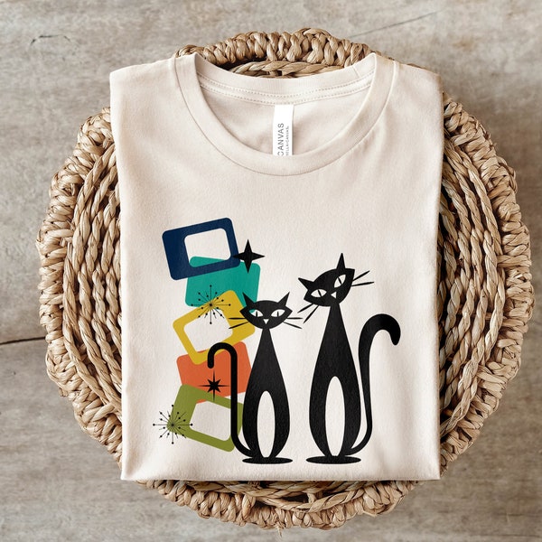 Mid Century Modern Cat Shirt | Atomic Era Mod Kitties Tshirt | Mid-Century Mod Cats 1950s Retro Tee | Cute Kitty Gift Graphic T-Shirt