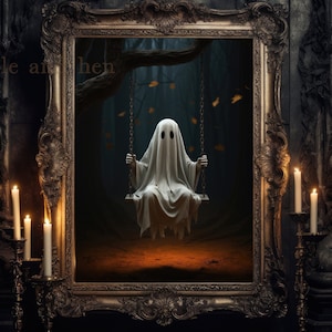 Geist auf der Schaukel Halloween Poster | Dark Academia Gruselig Kunstdruck | Gothic verlassene Kunst Herbst Digital Decor | Gruseliger Wald, der Geister verfolgt