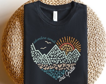 2nd Grade Teacher Shirt | Adventure Awaits Second Grade Team Teachers Tshirt | Elementary Back to School Teach Tee | Mountains Sun Heart