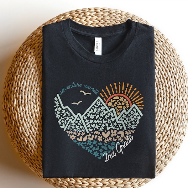2nd Grade Teacher Shirt | Adventure Awaits Second Grade Team Teachers Tshirt | Elementary Back to School Teach Tee | Mountains Sun Heart