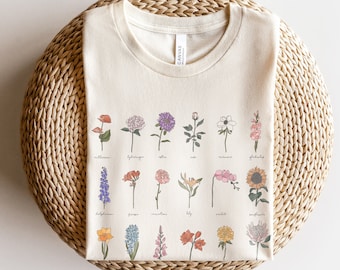Wild Flower Shirt | Womens WildFlowers Graphic Tshirt | Trendy Hand drawn flower Boho Botanical Chart T-shirt | Botany Floral Gift