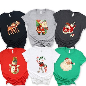 Retro Vintage Christmas Group Shirt | Classic Holiday T-shirt | Winter Fun Women&#39;s Graphic Tee | Santa, Reindeer, Snowman