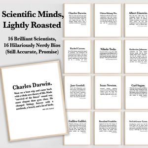 Funny Scientist Bulletin Board Posters | Minimalist Science Teacher Wall Art Classroom Decor Set | Famous STEM figures with Humorous Bios