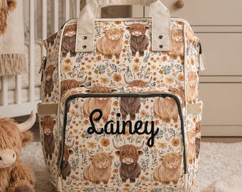 Highland Cow Western Diaper Bag  | Personalized Cows Multifunctional Baby Bag | Cute Cows Baby Shower Gift | Customized Girls Baby Backpack