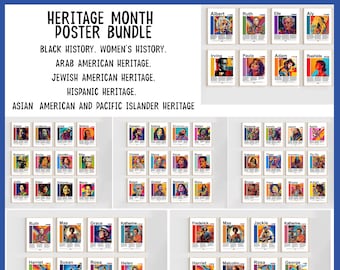 May include: A set of 48 colourful posters featuring portraits of notable figures from different heritage months. The posters are arranged in a grid with each poster featuring a different person and their name. The posters are designed in a pop art style with bold colours and graphic elements.