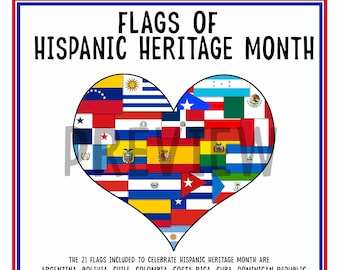 Hispanic American Heritage Month Flag Heart | Hispanic Country Flags | Hispanic History Month Bulletin Board Decor | Printable Flag PNG JPG