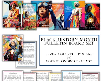May include: A set of seven colourful posters featuring portraits of prominent Black historical figures, including Frederick Douglass, Sojourner Truth, Rosa Parks, George Washington Carver, Martin Luther King Jr., Booker T. Washington, and Harriet Tubman. Each poster includes a short biography of the individual. The posters are part of a Black History Month bulletin board set.