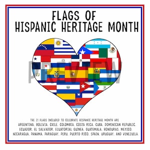 Hispanic American Erbs Monat Flagge Herz | Hispanic Country Flaggen | Hispanic Monat Bulletin Board Decor | Druckbare Flagge PNG JPG