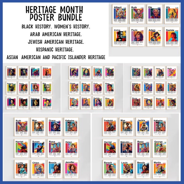 Heritage Month Poster Bundle | History Month Bulletin Board Sets | Black History, Women's History, Arab and Hispanic American, Jewish, AAPI