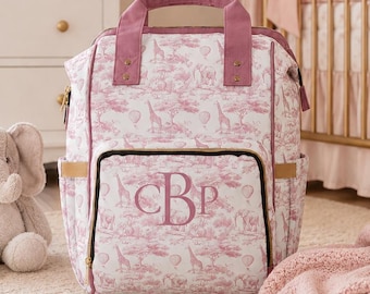Personalized Pink Toile Diaper Bag | Monogrammed Baby Backpack | Heirloom Baby Shower Gift | Luxury Nursery Essential | Baby Blanket Gift
