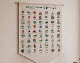 The 63 National Parks Pennant | Poly Twill US Park Hanging Sign | Boho Vintage Style Flag | RV Camping Road Trip Souvenir