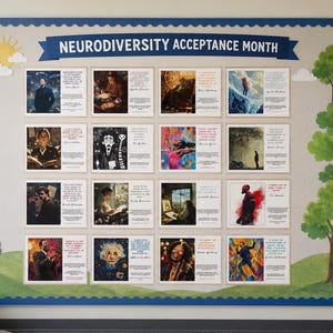 May include: A large bulletin board titled Neurodiversity Acceptance Month featuring sixteen informational posters with portraits and text. The board has a blue scalloped border, a sun, and a tree illustration. Two smaller signs read Be Kind Be You and Every Mind Matters.