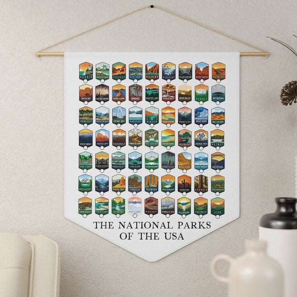 The 63 National Parks Pennant | Poly Twill US Park Hanging Sign | Boho Vintage Style Flag | RV Camping Road Trip Souvenir