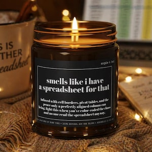 May include: A lit candle in a brown glass jar with a black label that reads "smells like I have a spreadsheet for that." The candle is on a brown surface with a notebook and pen. A mug with the words "THIS IS ANOTHER Spreadsheet" is in the background.