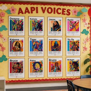 Può includere: Un'esposizione in classe con il testo "AAPI VOICES" e ritratti di importanti figure asiatico-americane e delle isole del Pacifico. L'esposizione comprende lanterne di carta rosse, decorazioni floreali e un cartello con la scritta "ASIAN AMERICAN PACIFIC ISLANDER HERITAGE."