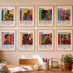May include: Eight framed art prints with portraits of historical figures, including Euclid and Pythagoras. Each print has a name at the top and text at the bottom. A small chalkboard with the text "Math: The only place where people buy 64 watermelons and no one wonders why" is also visible.