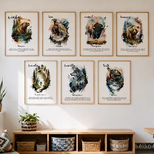 May include: Seven framed art prints with watercolor animal illustrations and words like "Wisdom" and "Bravery" hang on a white wall. The room has a wooden storage unit with baskets, a patterned rug, and a window with plants.