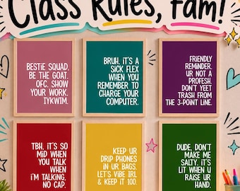 Funny Class Rules Posters | Middle & High School Classroom Slang Decor | Teacher Bulletin Board Set for ELA Math Science Back to School