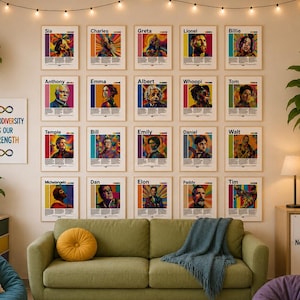 May include: A collection of framed art prints with vibrant portraits adorns a wall, complemented by a sign proclaiming "Neurodiversity is Our Strength." The room is furnished with a green sofa, a blue beanbag, and a purple pouffe.