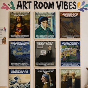 Conjunto de pôsteres de História da Arte com regras da sala de aula | Decoração divertida de volta às aulas com gírias da Geração Alfa | Pinturas icônicas e famosas | Pôsteres para o Ensino Fundamental II