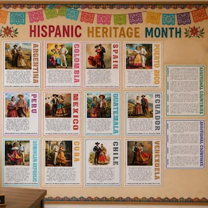 May include: A large Hispanic Heritage Month bulletin board display featuring twelve informational cards with country names, historical descriptions, and illustrations of people in traditional attire, framed by colorful papel picado banners.