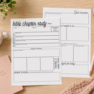 May include: Two white sheets of paper with the words "bible chapter study" printed on them. The sheets have sections for notes, including "background info," "chapter overview," and "verses to know." A pink notebook with the words "TRUST HIS PLAN" is also visible.