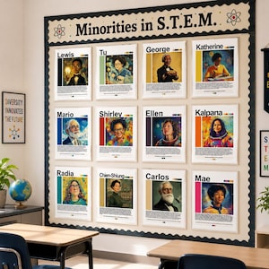 May include: A classroom display board titled Minorities in S.T.E.M. featuring twelve posters of historical figures with their names, biographies, and colour-coded accents. Additional wall signs read Diversity Innovates the Future and Science Belongs to Everyone.