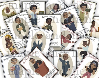 May include: A collection of colorful illustrated cards featuring portraits of notable African Americans. Each card includes the person's name, a brief description, and an illustration of them in a cartoon style.