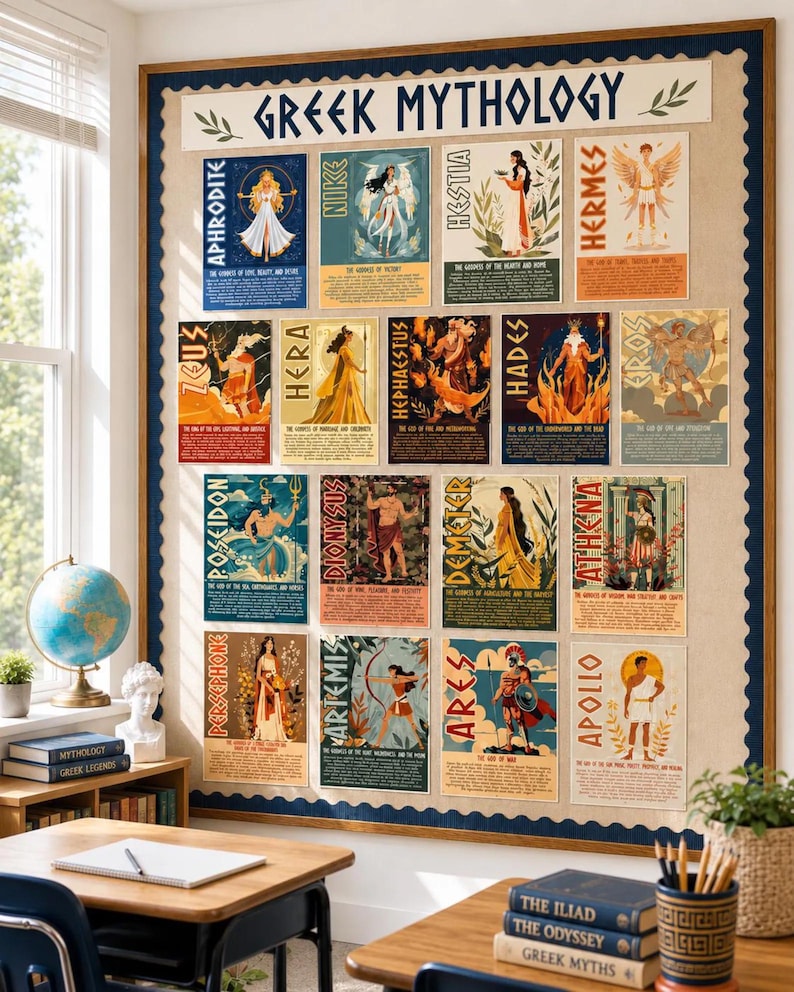 May include: A large rectangular bulletin board titled GREEK MYTHOLOGY featuring fifteen individual posters of Greek deities including Aphrodite, Nike, Hestia, Hermes, Zeus, Hera, Hephaestus, Hades, Eros, Poseidon, Dionysus, Demeter, Athena, Persephone, Artemis, Ares, and Apollo.