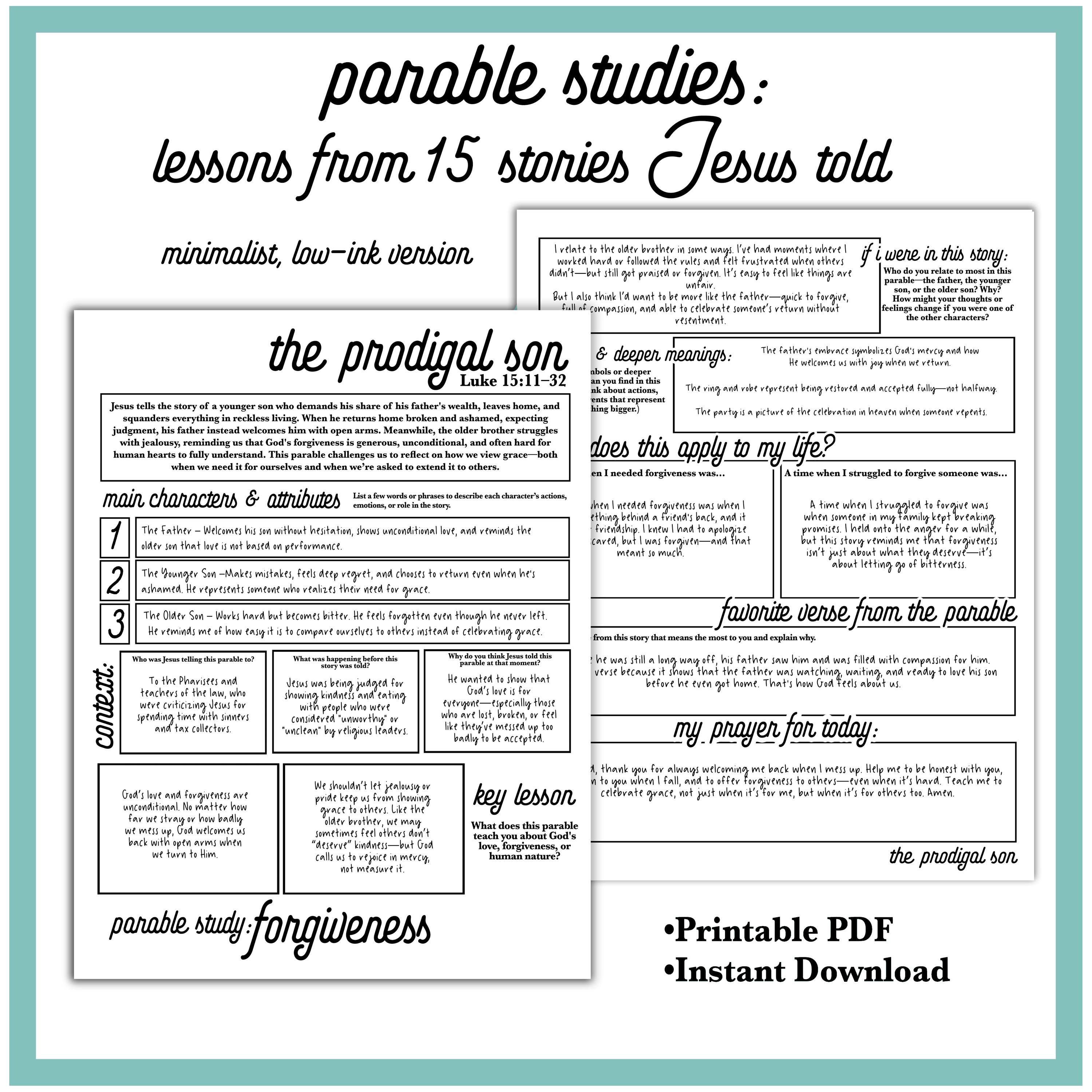 Parables of Jesus Study Worksheets | Printable Bible Parable ...