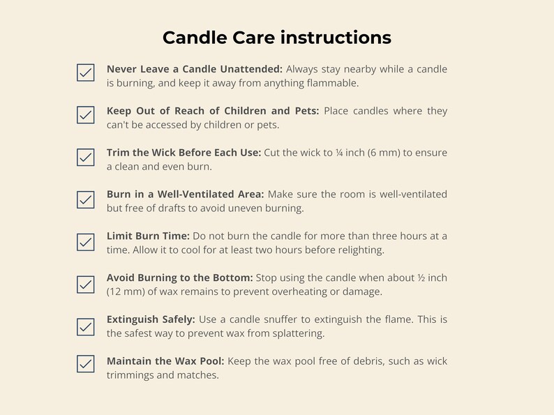 May include: A beige graphic with candle care instructions. The text includes safety tips like trimming the wick to &frac14; inch, burning in a well-ventilated area, and limiting burn time to three hours.