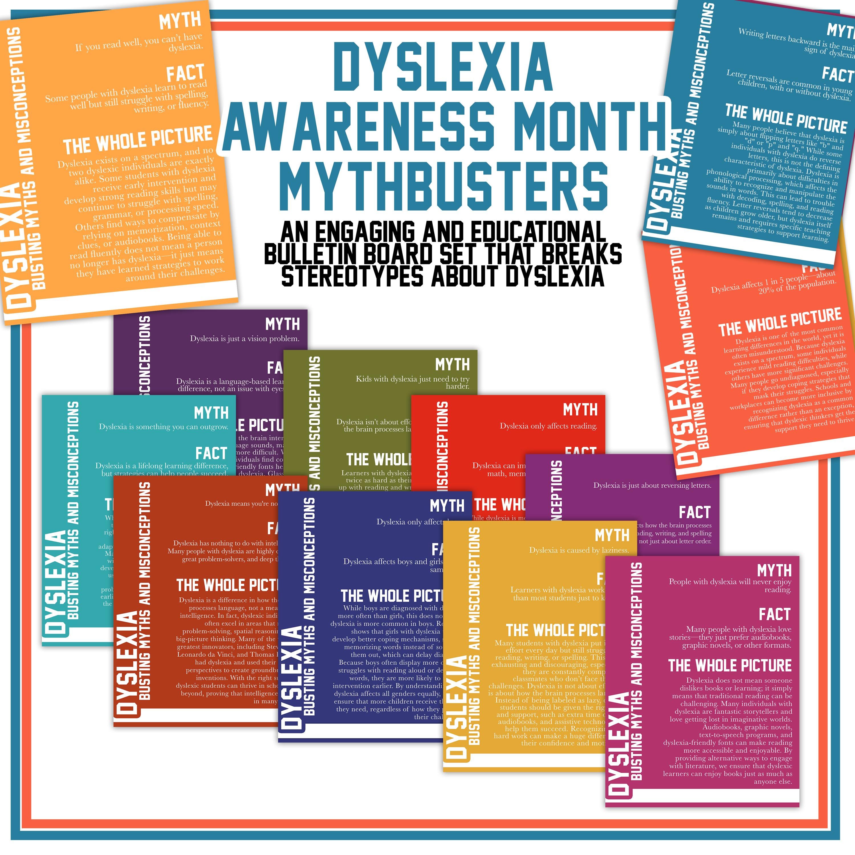 Dyslexia Awareness Month Bulletin Board Posters | October Dyslexic Mythbusters Poster Set | Neurodiversity Awareness Classroom Decor