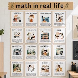 Carteles de carreras matemáticas / Conjunto de carteles para tablón de anuncios sobre carreras que requieren matemáticas / Decoración de carteles imprimibles para el aula de matemáticas, trabajos relacionados con las matemáticas en la escuela secundaria y preparatoria