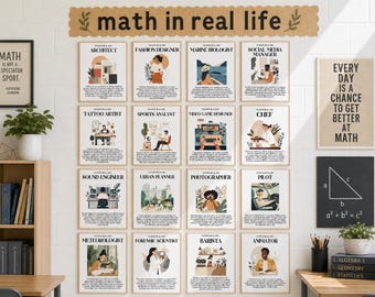 Carteles de carreras matemáticas / Conjunto de carteles para tablón de anuncios sobre carreras que requieren matemáticas / Decoración de carteles imprimibles para el aula de matemáticas, trabajos relacionados con las matemáticas en la escuela secundaria y preparatoria