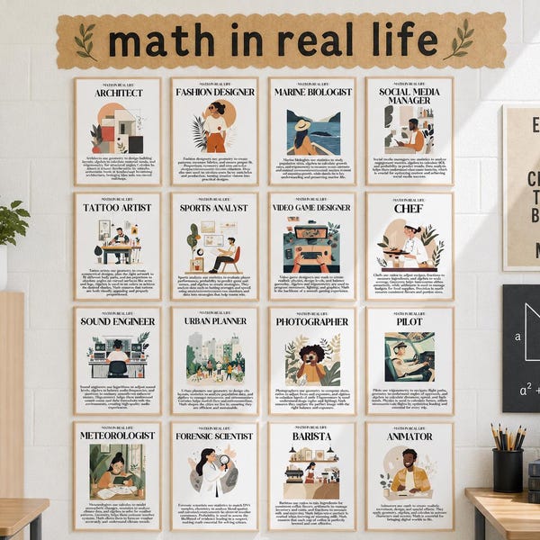 Math Career Posters | Careers that Need Math Bulletin Board Set | Math Classroom Printable Poster Decor, Middle school High school Math Jobs