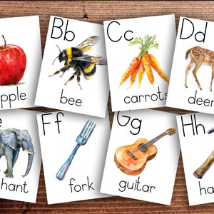 Alfabetkaarten | Alfabetposters | ABC Montessori-flitskaarten | Groot formaat voor gebruik in de klas Aquarel | Afdrukbaar prikbord
