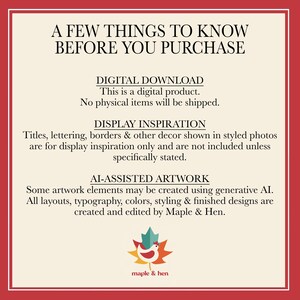 May include: A square informational graphic with a red border and cream background. The text reads: A FEW THINGS TO KNOW BEFORE YOU PURCHASE, DIGITAL DOWNLOAD, DISPLAY INSPIRATION, and AI-ASSISTED ARTWORK. A maple leaf and bird logo is at the bottom.